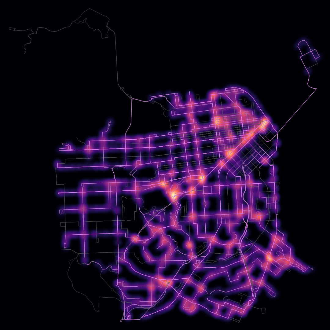 SFMTA routes and stops heatmap